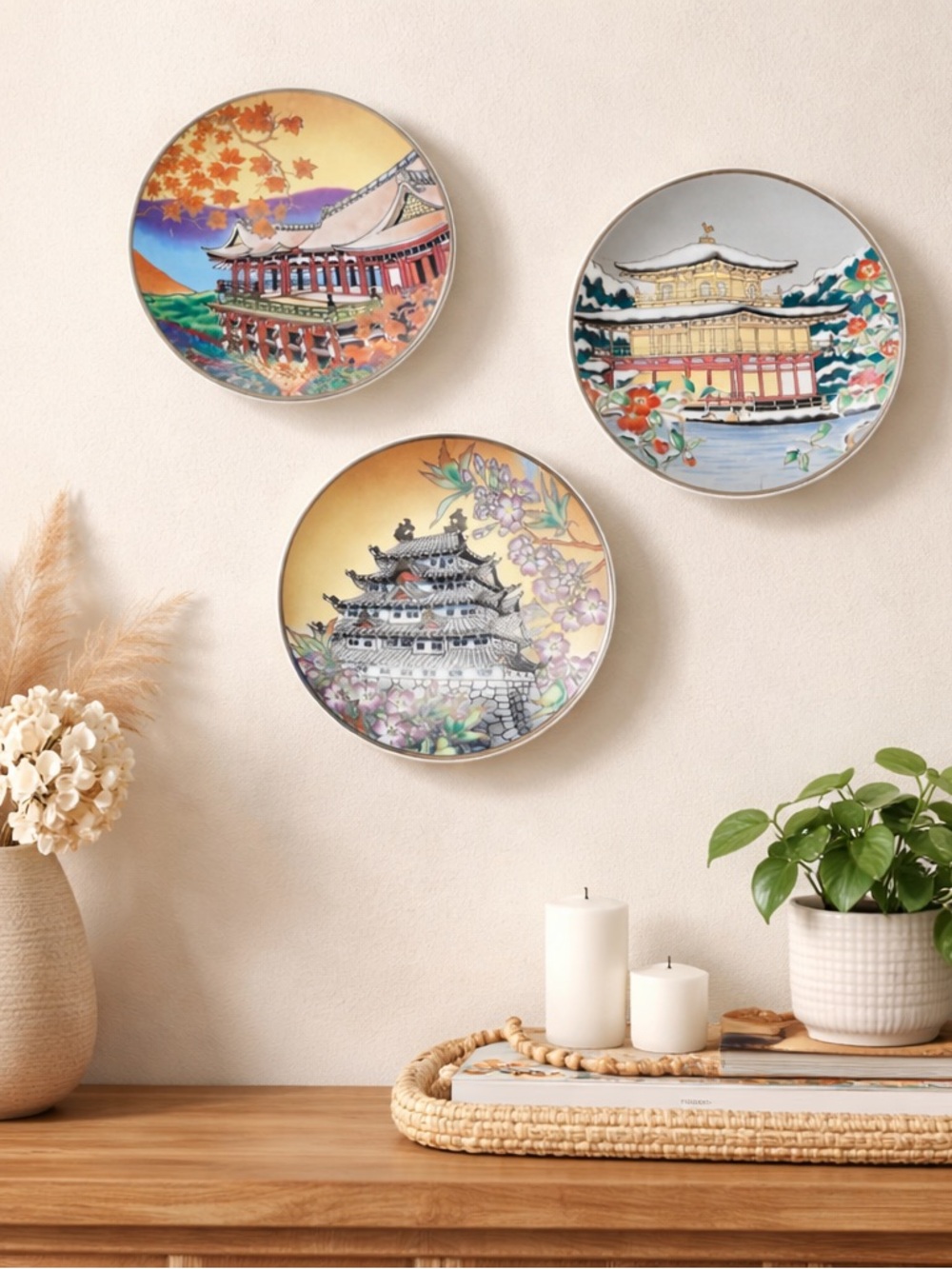 Set of Three 4” Decorative Plates with Scenic Japanese Designs